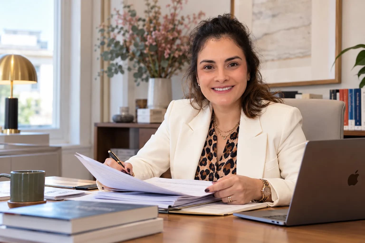 La Dra. Erika Valdivia revisando documentación en su despacho